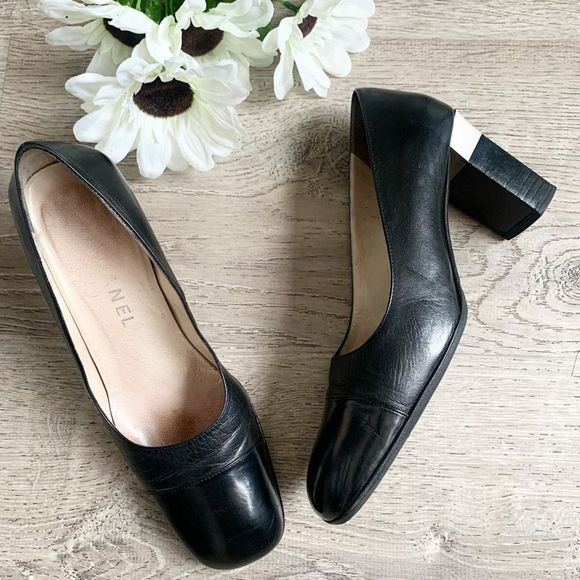 VINTAGE CHANEL Block Heel Shoes Black Silver Size 38 - Picture 2 of 16